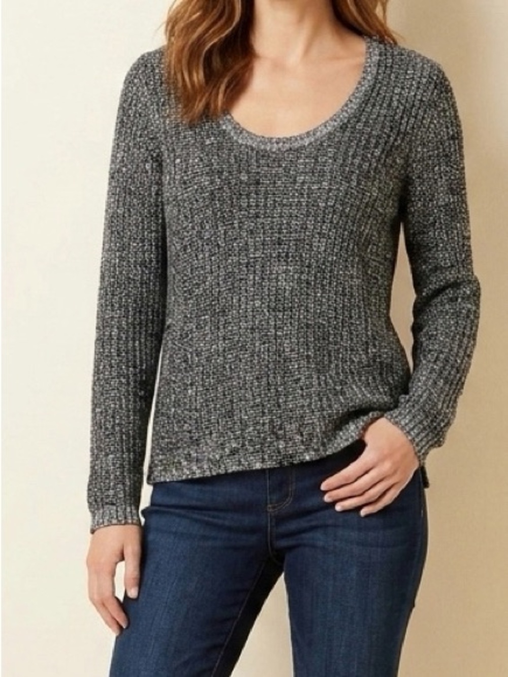 Eileen Fisher Linen Knit Sweater Vneck Black Silver Thread